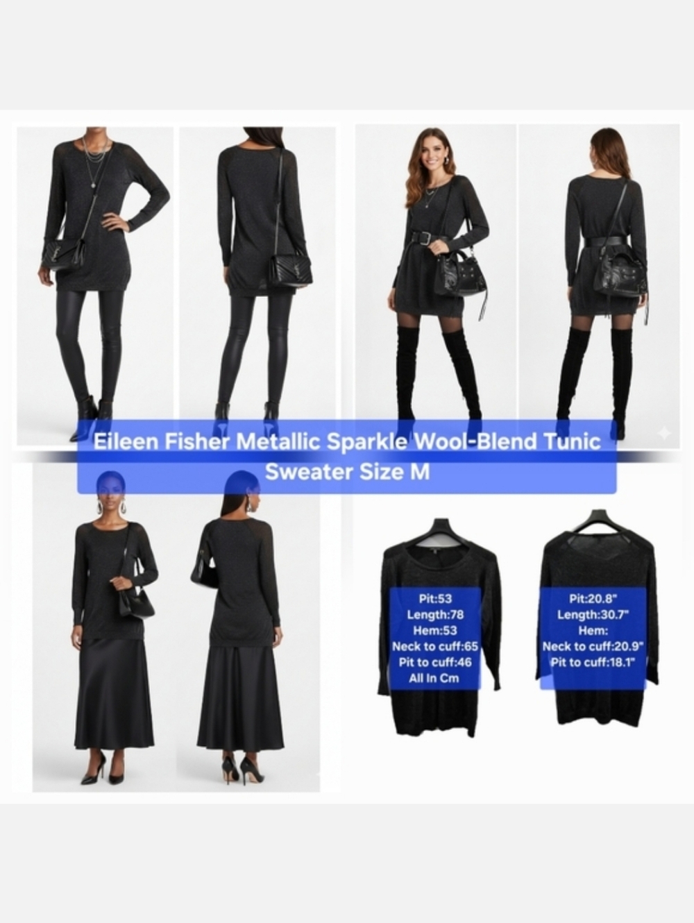 Eileen Fisher Metallic Sparkle Wool-Blend Tunic Sweater Size M